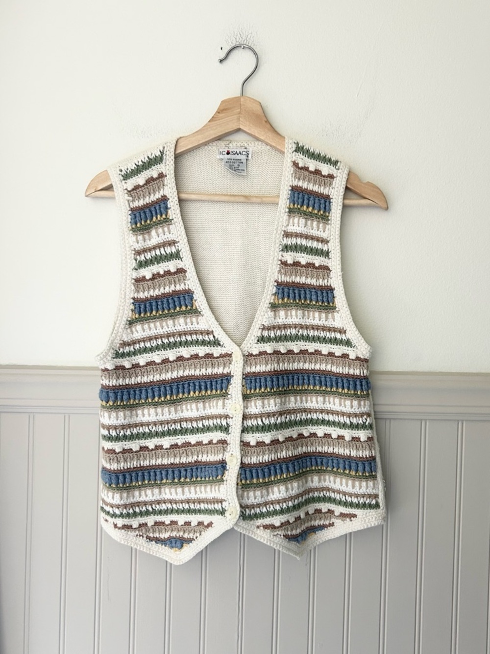 Vintage 90s IC Isaacs Sleeveless VNeck Striped Crocheted Sweater Button Vest
